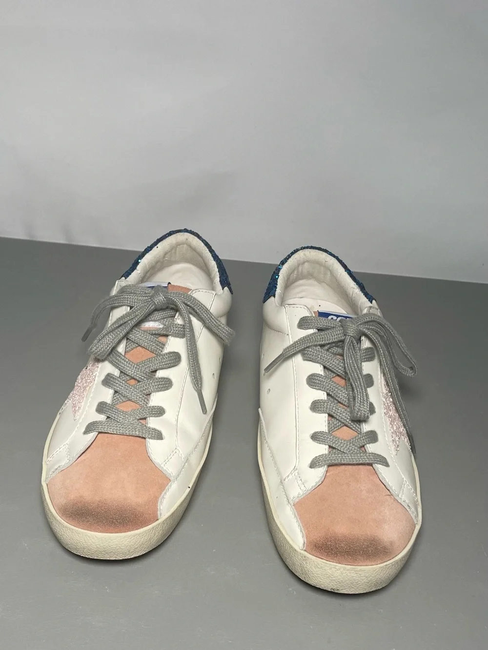 Golden Goose White Sneakers with Pink Star and Blue Glitter Heel Size 38 - Picture 3 of 8